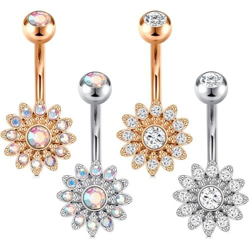 2PC Steel Belly Button Rings Crystal Piercing Navel Flower Style Navel Piercing Earring Belly Piercing Sexy Body Jewelry Ombligo