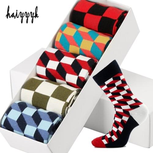 5 Pair/Lot Combed Cotton Mens Socks Happy Compression Socks Colorful Diamond Funny Dress Socks Men Big Size 39-46