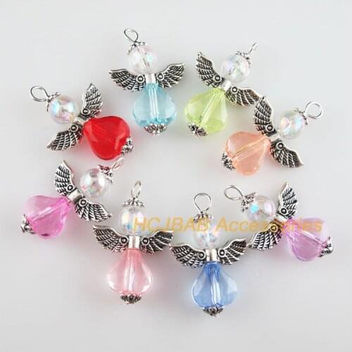 8 New Angel Charms Tibetan Silver Tone Mixed Acrylic Heart Pendants 21.5x33mm