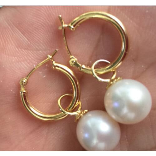 9-10mm perfect round white Australia south sea pearl dangle earring 14k/20 GOLD