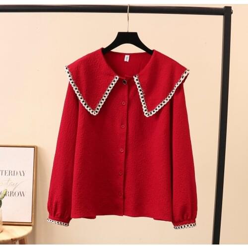 Plus size Lace Turn-down Collar women loose blouse 2021 spring autumn casual ladies solid black red cream color shirts female