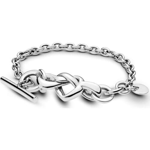 100% 925 Sterling Silver Knotted Heart T-Bar Bracelets for Women Original Fashion Jewelry Gift Bracelets & Bangles Wholesale