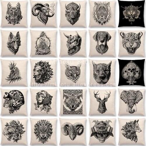 New Brave Animals Totems Prints Cushion Cover Buck Owl Tiger Lion Ram Wolf Sofa Throw Pillow Case