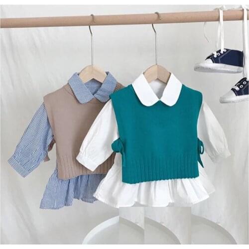 Childrens Vest Sweater Spring Fall Kid Tops Knitted Solid Outfits for Baby Girls Outwears Sleeveless O-Neck Pullover Toddlers