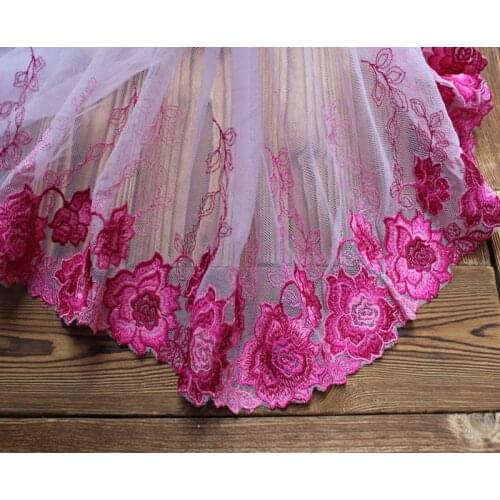10.6"27cm wide -2yards/lot Free Shipping Embroidered Tulle Lace Trim in Rose Red+Pink for Garment Decoration