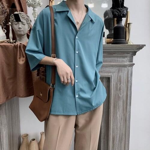 2020 Mens Three Quarter Sleeve Suit Collar Hawaiian Shirt French Cuff Mens Brand Clothes Fashion Shirts Casual Camisa Masculina