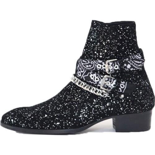 Runway Retro Chelsea Boots Men Genuine Leather Pointed Toe Buckle Strap Ankle Boots Shoes Male Chains Wedding Boots Plus Size