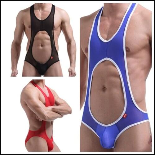New Mens Sexy Underwear Strapped Vest One-Piece Back Empty Briefs Mesh Sexy U Convex Bag Wrestling Dress Lingerie Bodysuit