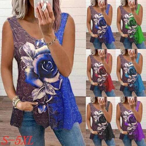 New Rose Printed V-neck Sleeveless Womens Tops Vest Summer Loose Casual Large Size Pullover T-shirt Camiseta Tirantes Mujer