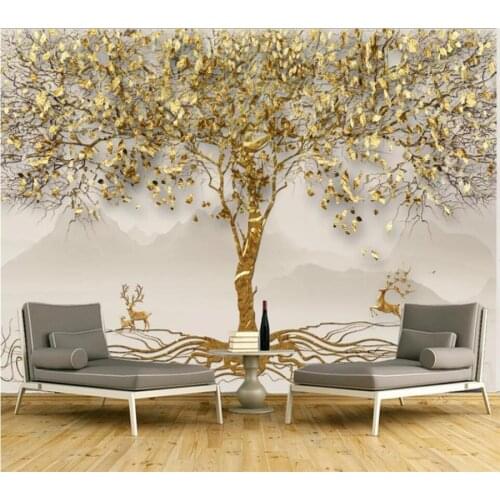 Custom mural 3d new Chinese gold leaf forest elk landscape wallpaper living room bedroom a tree golden rich tree background wall