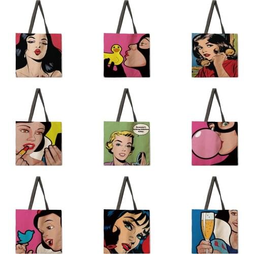 Pop pop element linen shopping bag ladies shoulder bag foldable shopping bag beach tote bag