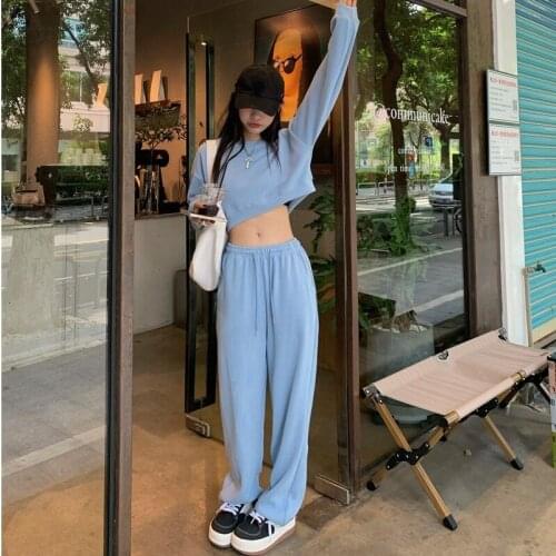 Casual Long Pants Loose Blue Spring Autumn Sweatshirt Chic Sports Suit Harem Pants O-neck Crop Top Fashion Korean Clothing