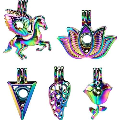 Rainbow Color Horse Wings Feather Triangle Rose Lotus Beads Cage Perfume Diffuser Stone Pearl Cage Locket Pendant Unisex Jewelry