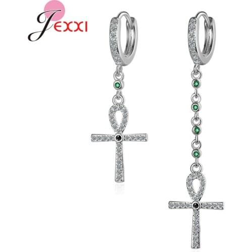 Shining Crystal Wedding Asymmetric Buckle Cross 925 Sterling Silver Drop Earrings For Women Hanging Ear Jewelry Gift