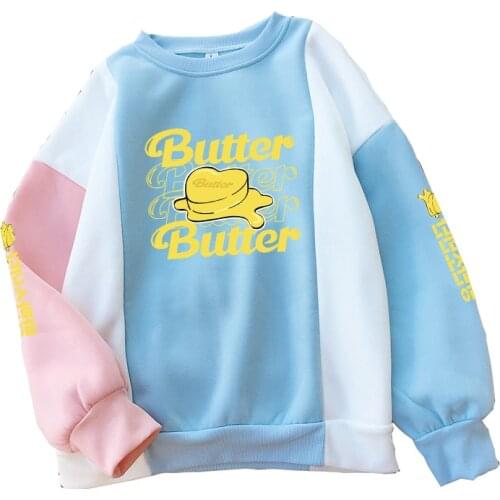 Spell Color Hoodie Women Bangtan Boys BUTTER Print Stitching O-neck Tops Casual Korean Kpop Fashion Female y2k Hooded Sweatshirt