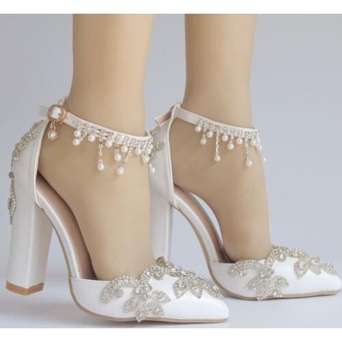 Sexy Wedding Shoes Bride Heels Crystal Pumps Christmas Evening Party Luxury Square Heel Sandals Woman Tassel rhinestones Shoes