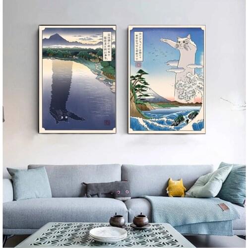 Ukiyoe Japanese Longcat Vs Tacgnol Vintage Canvas Painting Poster Print Wall Art Picture Living Room Home Bedroom Decor Cuadros