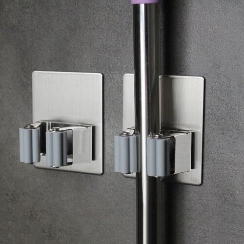 304 Stainless Steel hook bathroom shelf organizer Metal broom storage clip mop wall shelves wall Mounted Type bathroom rack 1PC