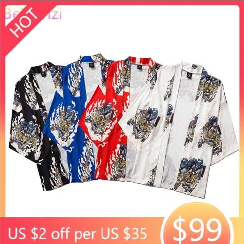 2020 Balck Red Blue White Tiger Print Loose Summer Beach Cardigan Harajuku Japanese Kimono Style Women Men Tops Asian Clothes