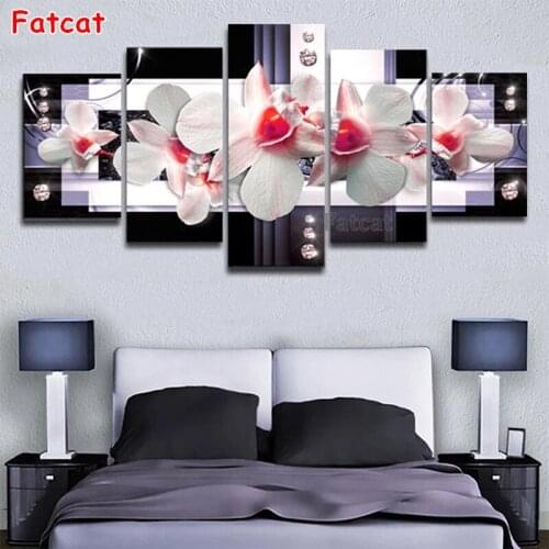 5 Panel Orchid Flower Diamond Embroidery Full Square Diamond Painting Mosaic Diamond Art Multiple Picture 3D Decor PP1690
