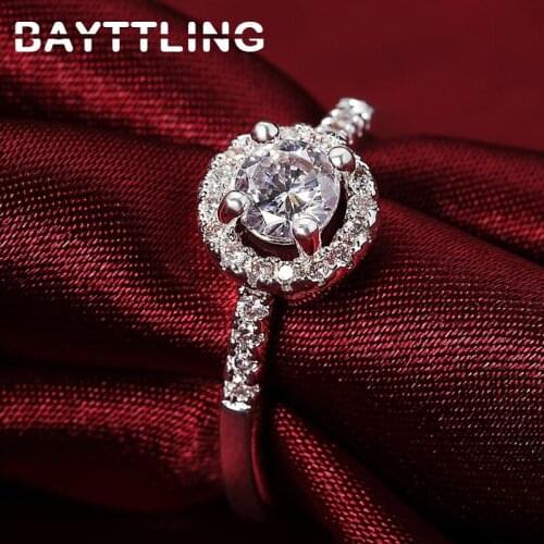 BAYTTLING 925 Sterling Silver Round Big Zircon Ring 8# Elegant Ring For Woman Fashion Party Jewelry Birthday Gift