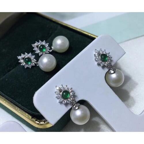 Noble jewelry pair 7-8mm AAA Akoya Sea freshwater pearl green stone earring Earrings 925 sterling Silver accessory