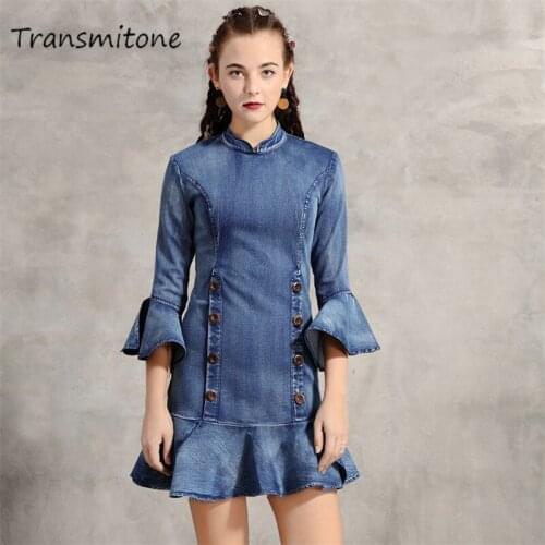 Denim Womens Dress 2019 Vintage Autumn Petal Sleeve Mandarin Collar Women Dresses Sexy Ruffles Short Dress 82192 Vestidos