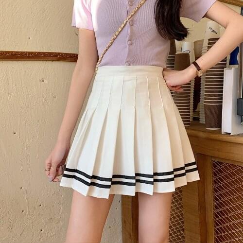 Korean High Waist Womens Skirts Striped Pleated Skirt Elastic Waist Female Skirts Sweet Mini Skirts Dance Skirt Plaid Skirt