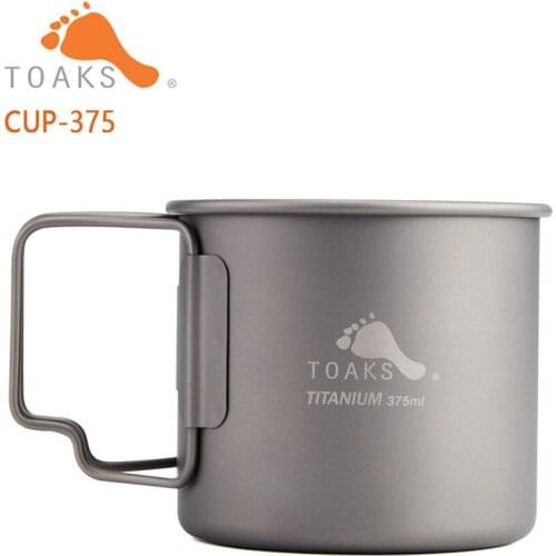 TOAKS Pure Titanium Cup Ultralight Outdoor Coffee Tea Mug without Lid and Foldable Handle Camping Cookware 375ml 62g CUP-375