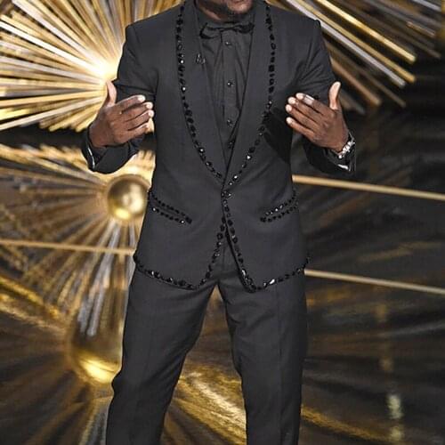 Black Prom Men Suits with Rhinestone 3 piece Slim fit Wedding Tuxedo for Groom Singer Man Fashion Clothes Jacket Vest with Pants