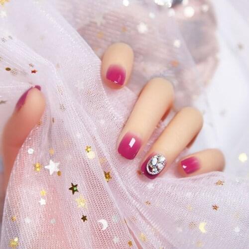 24pcs/box Girl False Nail Tips Gradient Color Diamante Finger Patches Short Removable Wearable Fake press on Nails with 2g Glue