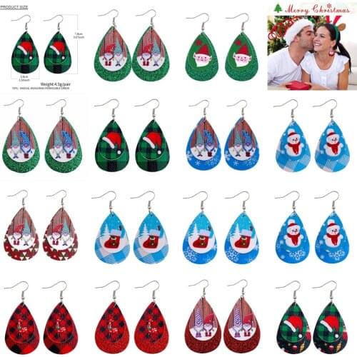 NEW 2021 Christmas Leather Earrings Cross-border Double Drop Red Green Christmas Tree Old Man Snowman Elk Earrings Female