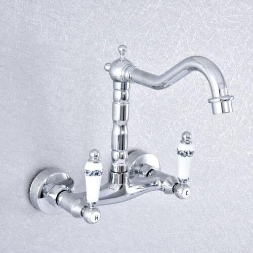 Polished Chrome Dual Handles Bathroom Kitchen Sink Faucets Wall Mounted Swivel Spout Two Holes Kitchen Mixer Taps Nsf772