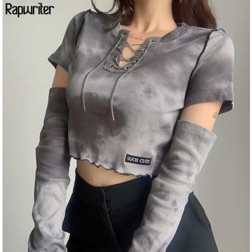 Gothic Metal Chain Hollow Out Ruffles Tie Dye T Shirt Women 2020 Fall Punk Cut Off Long Sleeve Harajuku Crop Top Femme Rapwriter