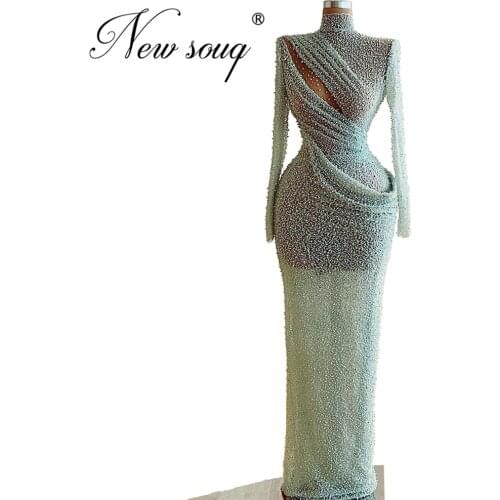 Special Glitter Fabric Evening Dress Dubai Women Party Dresses Robe De Soiree See Through Beads Prom Gowns 2020 Turkish Arabic