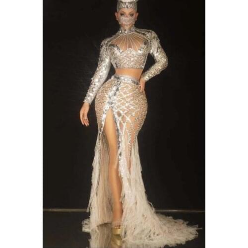 Evening dresses Sequins White Fringe Long Train Birthday Celebrate Prom Transparent Dress Women Dancer Show Costume