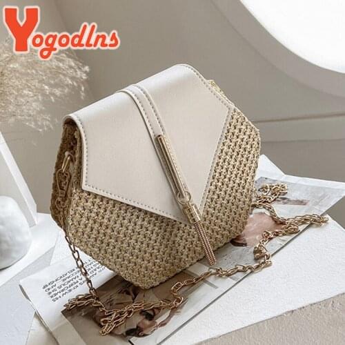 Yogodlns Summer Hexagon Straw Shoulder Bag Women Rattan Crossbody Bag Handmade Woven Beach Handbag Bohemia Chain Flap Square Bag
