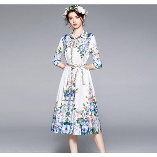 Runway New Arrival Women 3/4 Sleeve Dresses Summer Vintage Turn Down Collar Flower Print Lace Up Bow Belt Midi Dress Vestidos