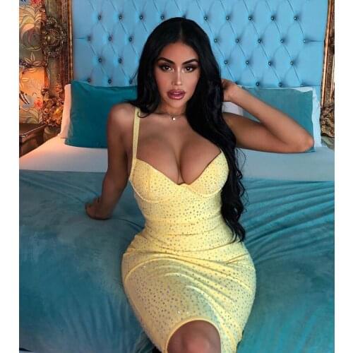 Women Luxury Club Dress Sexy V Neck Backless Crystal Sparkly Bandage Dress 2021 Designer Fashion Evening Party Dress Vestido