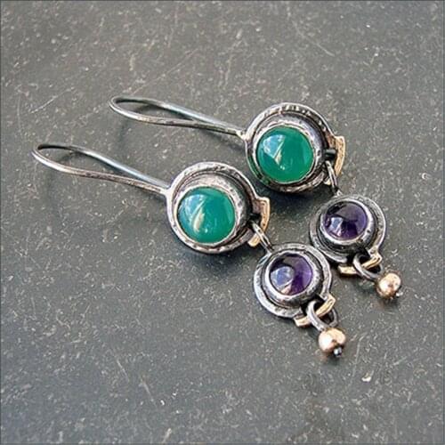 2020 Lovely Small Round Green Purple Stone Drop Earrings for Women Boho Tribal Brincos Black Gold Metal Dainty Earring Jewelry