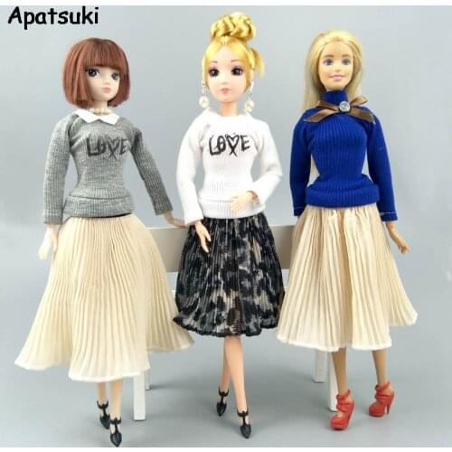 3sets/lot Fashion Doll Clothes For Barbie Doll Outfits Top Blouses & Chiffon Pleated Midi Skirt Clothes 1/6 Dolls Accessories