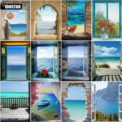 IOOSTAR DIY Full Square Rhinestones Sea Diamond Painting Landscape Window Diamond Embroidery Cross Stitch Mosaic Home Decor