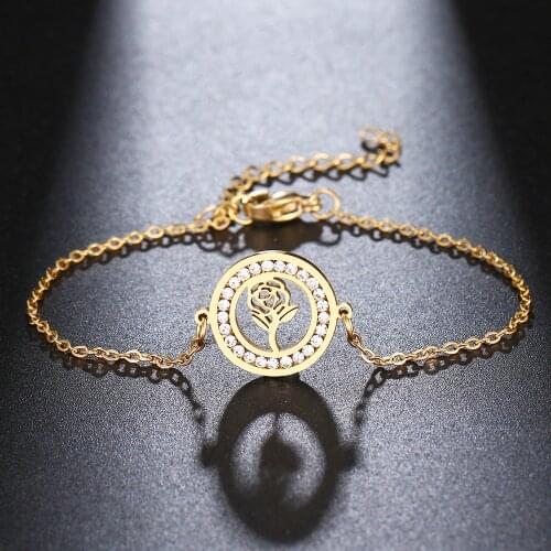 CACANA 316L Stainless Steel Bracelet For Women Rose Flower Crystal Bracelets Gold Color Engagement Fashion Jewelry Gifts