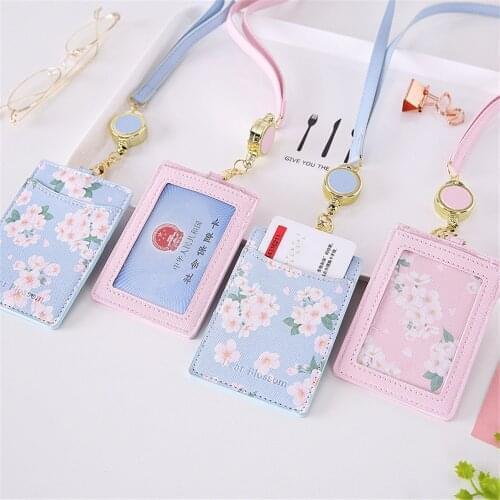 Cherry Flowers PU Card Holder Retractable Lanyard 2 Bits Card Bag Women Identity Badge Reel Rope Card Case ID IC Holders