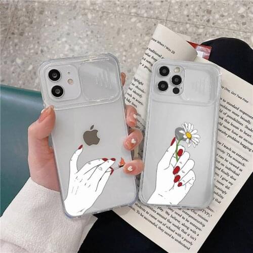 Hand daisy Love hebutterfly Phone Case transparent For iPhone 7 8 11 12 X XS XR MINI Pro Max Plus Slide Camera Lens Protect