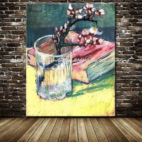 Blossoming Almond Branch In A Glass With A Book Of Vincent Van Gogh Hand Made Famous Oil Paintings On Canvas For Home Decoration