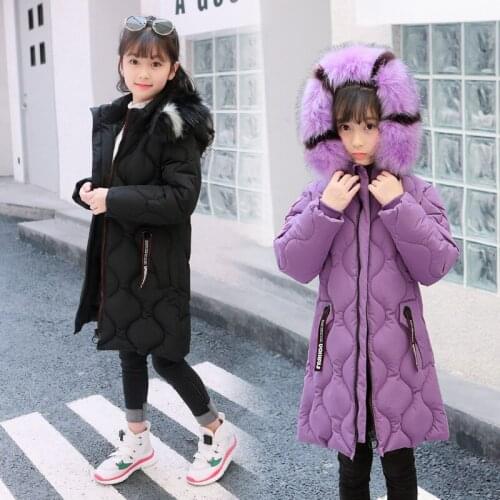 Winter Overalls for Girl Fur Hooded Childrens Long Thick Warm Zipper Jacket Parkas Coat Toddler Girls Windproof Outdoor Clothes