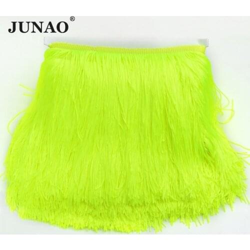 JUNAO Double Line! 20cm Long Neon Color Chinlon Fringe Tassel Lace Trim Ribbon Sewing Latin Dress Stage Clothes Curtain 10Meter