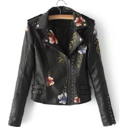 PU Jacket Women Fashion Motorcycle Jacket Coats Outerwear Faux Leather Embroidery Casual Zipper Motorcycle Clothing