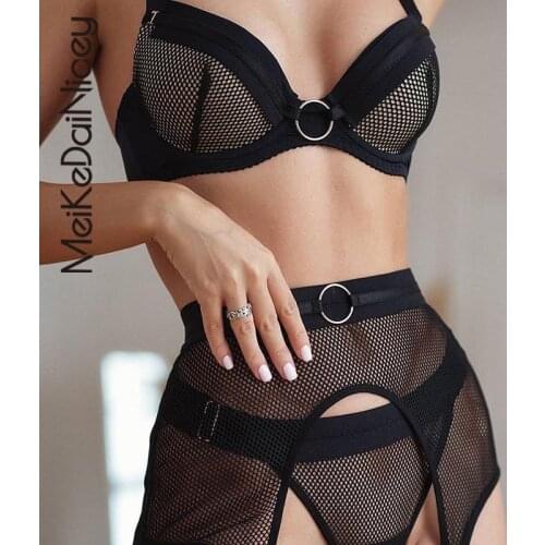 MeiKeDaiNicey 2021 Women Lingerie Set 3 Piece Black Underwear Suit See Through Transparent Bra and Panties Set with Garter Belt